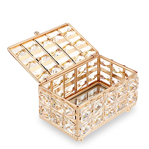 TOLIDA Joyero Rectangular de Cristal y Metal Dorado con Tapa Organizador Pendientes Anillos 13.5 x 8.5CM Caja Joyero con Espejo para Collares Tobilleras Pulseras