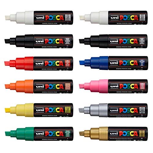 Posca Uni PC-8K Pluma de Pintura Arte Rotulador - Profesional 12 Juego de Bolígrafo - Extra Negro + Blanco