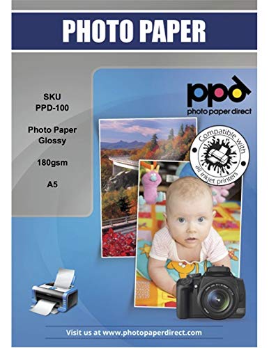PPD Inkjet - A5 (148 x 210 mm) x 100 Hojas de Papel Fotográfico Brillante 180 g/m² - Secado Instantáneo - Para Impresoras de Inyección de Tinta - Oferta ahorro - PPD-100-100