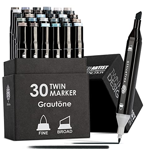 OfficeTree Set con 30 Marcadores de Fibra Touch Twin Marker – Tono de Grise - para Diseño, Bocetos, Ilustraciones, Dibujo
