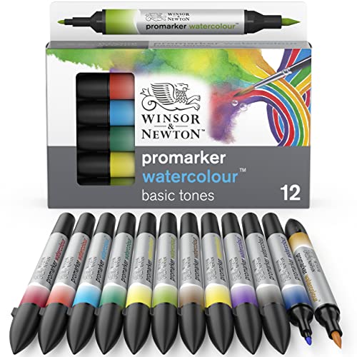 Winsor & Newton Promarker Watercolor Rotulador de Acuarela, Tonos Básicos, Set de 12