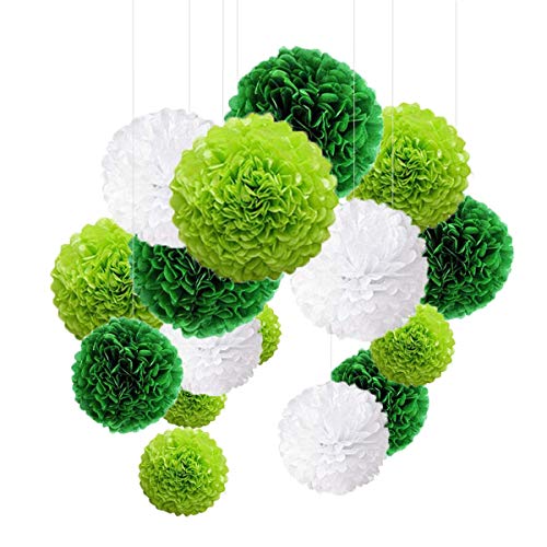 O-Kinee Juego de 24 Pompones Decorativos de Papel de Seda de Colores para Bodas, cumpleaños, Fiestas, Contiene Verde Claro Verde Blanco