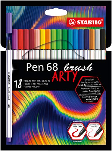 Rotulador premium con punta de pincel STABILO Pen 68 brush - Estuche ARTY con 18 colores