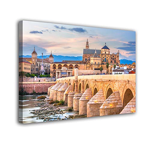 Cuadro lienzo canvas Cordoba Andalucia Puente Romano Catedral y Mezquita atardecer España– Varias medidas - Lienzo de tela bastidor de madera de 3 cm - Impresion en alta resolucion (120, 80)