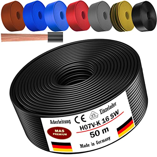 Cable H07 V-K 1 x 16 mm², negro, marrón, azul oscuro, amarillo, gris, azul claro o rojo, cable individual flexible de 5 m, 10 m, 20 m, 25 m, 30 m, 40 m, 50 m hasta 100 m (negro, 50 m)