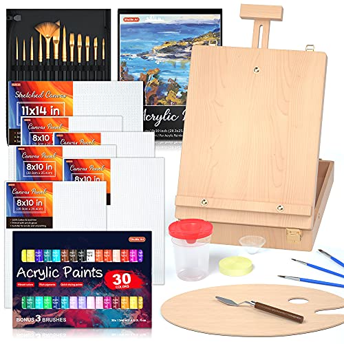 Juego de pintura acrílica, paquete de 59 suministros de pintura profesional Shuttle Art con caballete de mesa de madera, pintura acrílica de 30 colores, lienzo, pinceles, paleta
