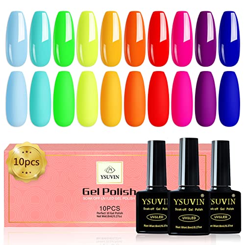 YSUVIN Pintauñas Semipermanentes Neón, 10 Colores Azul Bebé Verde Fluorescente Naranja Rosa Barbie Esmaltes Semipermanentes para Uñas, Gel Uñas Soak Off UV/LED Esmalte Uñas Nail Art Manicure Kit, 8ml