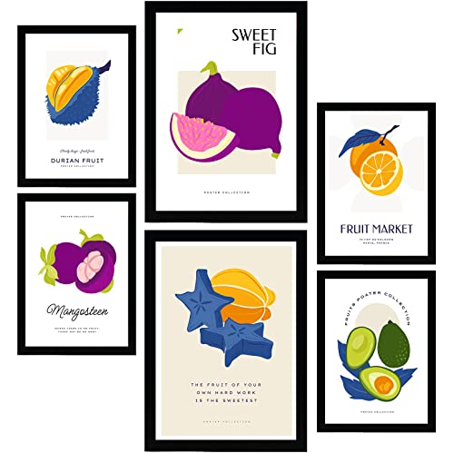 Nacnic Set de 6 Posters de Comida y Alimentación. Collage de Frutas. Láminas de Naturaleza y Nutrición para el Diseño y Decoración de Interiores. Tamaños A3 & A4, Marco Negro.