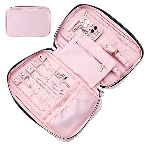 Bolsa organizadora de joyas de viaje Bolsa de joyería ligera Caja de almacenamiento para collares Portapendientes Accesorios de vacaciones Regalos para viajeros Mujeres Niñas (Pink)