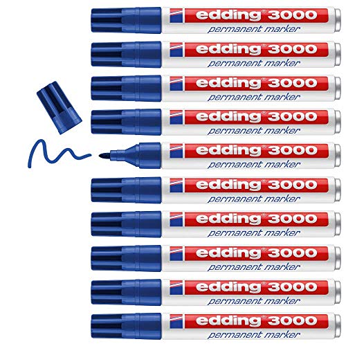 edding 3000 marcador permanente - azul - 10 rotuladores - punta redonda 1,5-3 mm - indeleble de secado rápido - resistente al agua y a los borrones - cartón, plástico, madera, metal, tela - universal