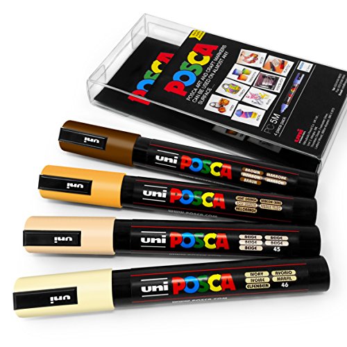 Uni POSCA PC-5M - Juego de 4 marcadores de pintura artística, en estuche de plástico, tonos neutros cálidos