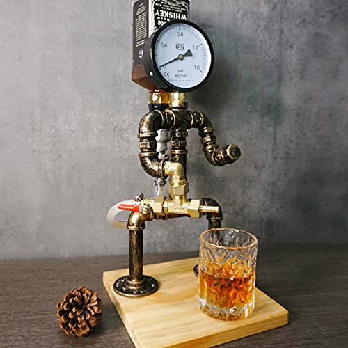 Dispensador hecho a mano de alcohol whisky vino licor, lámpara de mesa industrial con base de madera, decoración de robot de tubo de bombero Steampunk, accesorios para fiesta de arte de bar, cueva de
