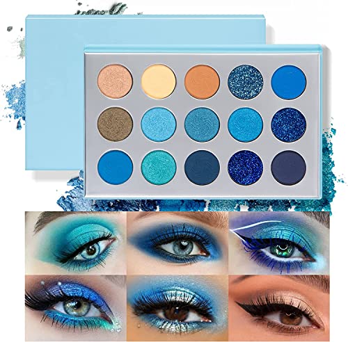 Paleta de Sombras de Ojos de 15 Colores Mate Estaciones Brillo, Paletas de Maquillaje Altamente Pigmentadas, Paleta de Sombras de Ojos Metalizadas Creme Shimmer para Navidad (blue01-es)