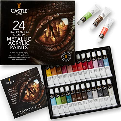 Castle Art Supplies Caja Pinturas Acrílicas Metálicas | 24 Tubos 12ml para Artistas, Principiantes y Artesanos, Calidad Brillante en Diferentes Superficies | Resistente Caja con Bonita Presentación