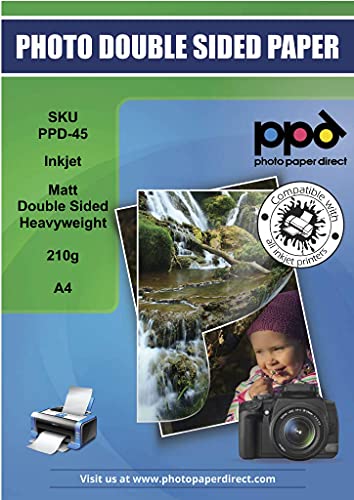 PPD Inkjet - A4 x 50 Hojas de Papel Fotográfico de Doble Cara Mate 210 g/m² - Calidad Profesional - Para Todas Impresoras de Inyección de Tinta - PPD-45-50