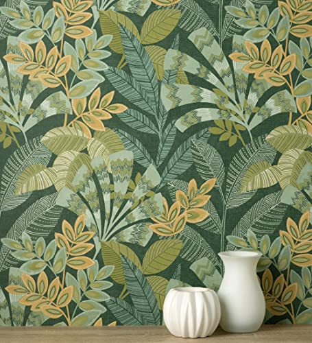 GAULAN 682001 - Papel pintado vinílico de hojas étnicas fondo verde con texturas estilo tropical para pared salón cocina baño dormitorio comedor - Rollo de 10 m x 0,52 m