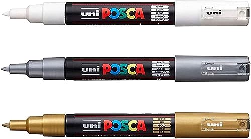 Posca PC-1M Pintura Arte Lápices Marcadores - Tejido Vidrio Metal Bolígrafo - Set de Blanco+Dorado+Plateado (1 de Cada)