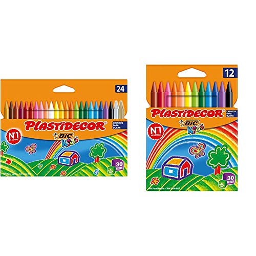 BIC Kids Plastidecor- Blíster de 24 unidades, ceras para colorear, colores surtidos + Kids Plastidecor Blíster de 12 unidades, ceras para colorear, colores surtidos