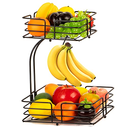 Cesta de fruta cuadrada de 2 pisos con soporte para plátano, moderno frutero de metal alambre, de pie diario de cocina, almacenamiento de frutas, cesta de verduras, color negro