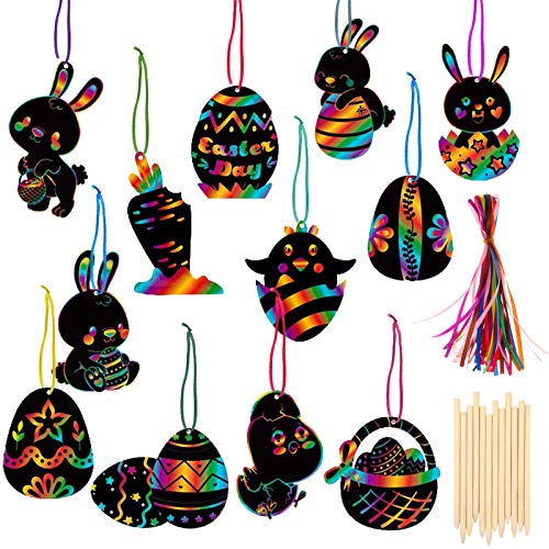 HOWAF Pascua Manualidades y Artesanía para Niños, 36 Pascua Scratch Art para Niños Esgrafiado Dibujo, Bricolaje para Regalo Etiquetas Pascua Ornamento Decorar Creativo Artículos