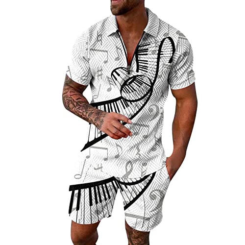 Para hombre Notas Moda Casual Printing Zipper Drawstring Shirt and Shorts Two Piece Suit Sudadera con capucha ligera para hombres con cremallera hacia arriba, blanco, L