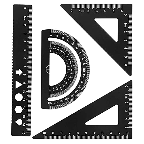 4 Piezas Set de Geometría Conjunto de Reglas de Aluminio Metal Recto Triángulo Herramienta Matemáticas Ruler 15cm Regla de Escala Juego para Estudiantes Arquitectos Ingenieros y Delineantes(Negro)
