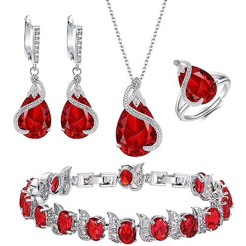 EVER FAITH Juegos de Joyas Mujer Circonita Cúbica en Forma de Lágrima para Novia, Glamour Colgante Collar Pendientes Tenis Pulsera Abierto Anillo Conjunto para Mujeres Fiesta Rojo Tono Plateado