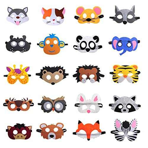 Máscaras de fieltro de animales rellenos de bolsas de fiesta para niños, 20 máscaras para niños, disfraces para cosplay, fiesta de Halloween, máscaras, safari, cumpleaños, Navidad, selva, suministros
