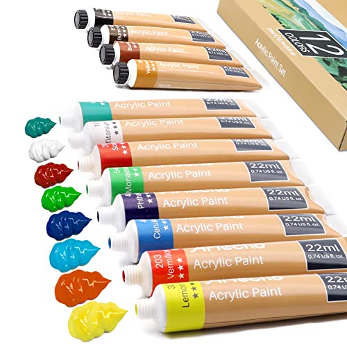 Artecho Pinturas Acrilicas 12 × 22 ml Tubos, para Lienzos, Madera, Vidrio, Papel, Cerámica, Roca, Ideal para Principiantes y Profesionales.