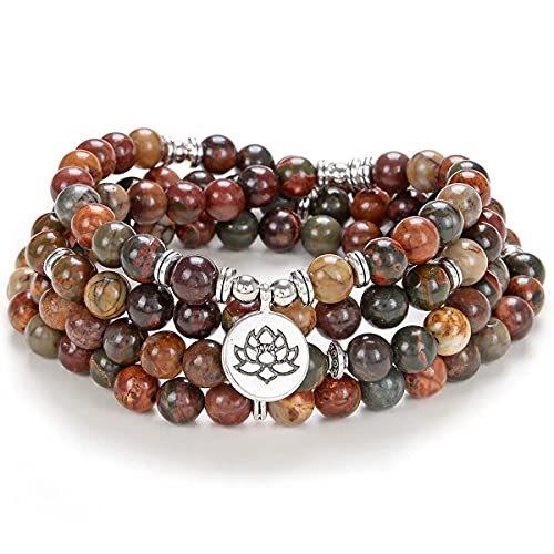 Lotus Seed Charm Mala Beads 108 Pulsera Collar Significativos Regalos hechos a mano Joyas de yoga (Jaspe rojo de Picasso (Red Picasso Jasper))