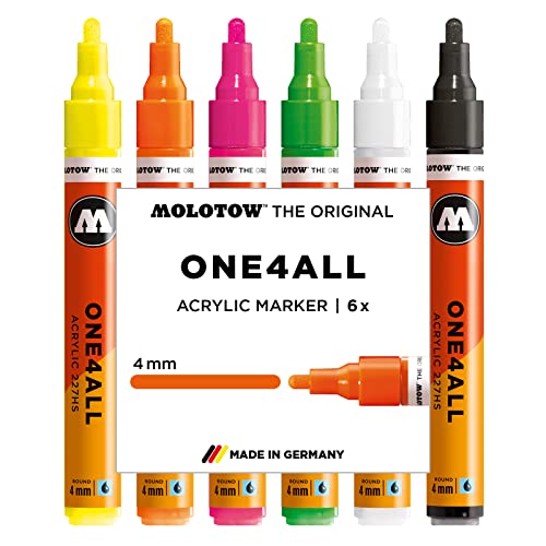 Molotow One4All 227HS - Lápices acrílicos (alta cobertura y permanentes, resistentes a los rayos UV, para casi todas las superficies), color multicolor 6 unidad