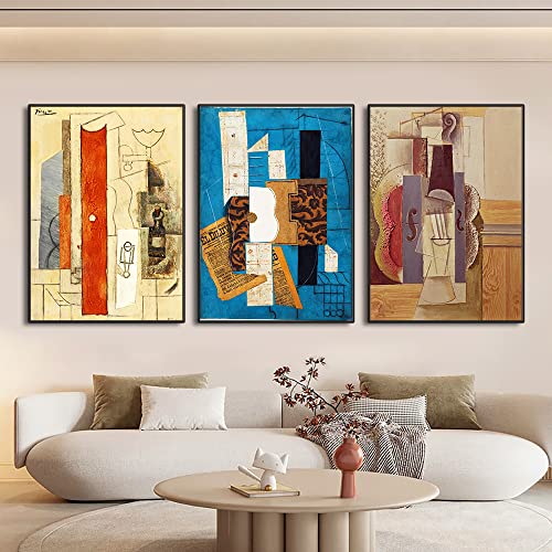 JUMPGA Cuadros de pared de lienzo Collage moderno de Pablo Picasso Pósteres abstractos de guitarra Impresiones Obras de arte Decorativo de pared para sala de estar 3 piezas 20x30 cm sin marco