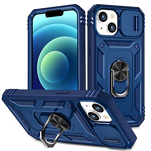 ZHOUDSAEIFD Funda para iPhone 14 Plus, soporte de anillo giratorio de 360° integrado y cubierta para cámara deslizante, color azul rey/azul rey