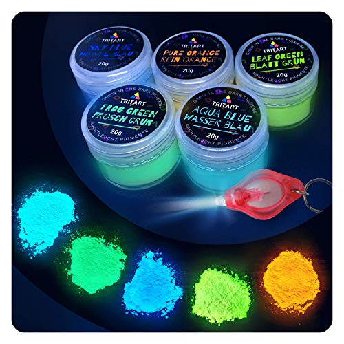 TRITART Pintura en polvo fluorescente - 5 colores x 20gr que brillan en la oscuridad - Pigmento luminiscente para pared - pinturas - slime y otras manualidades - Incluye linterna luz UV