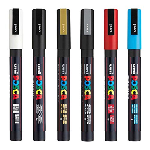 Posca Uni PC-3M Pluma de Pintura Arte Lápices Marcadores - Tejido Vidrio Metal Rotuladores - Set de la 6 más Popular Colores