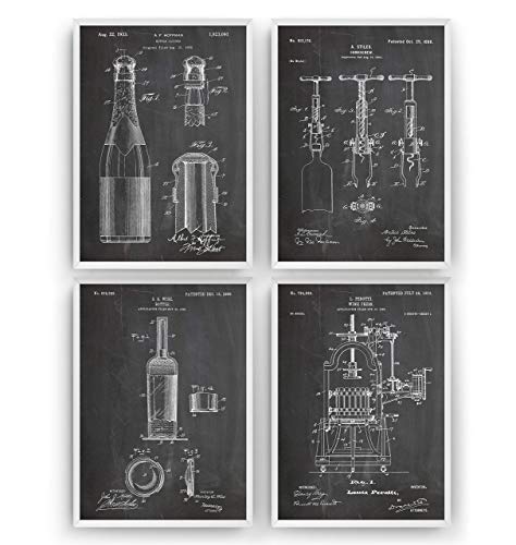 Wine And Champagne Poster de Patente - Conjunto de 4 Impresiones - Kitchen Dining Room Pub Bar Patent Print Póster Con Diseños Patentes Decoración Inventos - Marco No Incluido