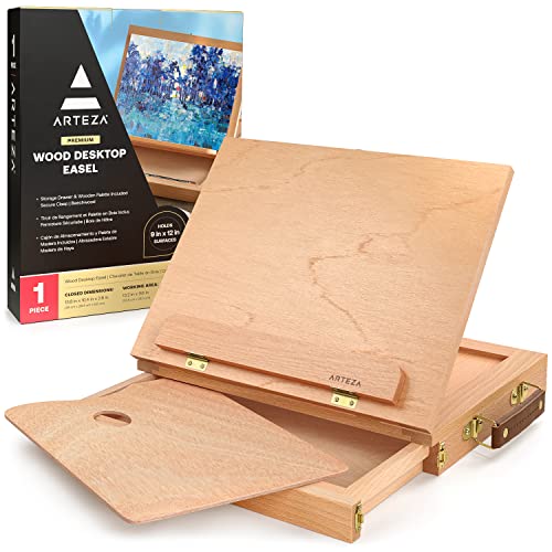Arteza Atril de escritorio con cajón y paleta de pinturas | 34 x 26 x 5 cm | Maletín de madera | Portátil | Ideal para dibujar y pintar distintos medios