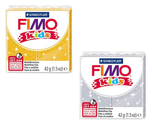 FIMO kids glitter modelling clay, 2 bloques en dorado y plateado, 42 g cada uno, arcilla de secado al horno para niños con efecto de brillo para modelar figuras y decoraciones