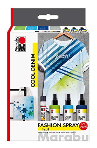 Marabu 1719000000084 - Fashion Spray Cool Denim, pintura en spray para textiles a base de agua, para textiles claros, fácil fijación, lavable hasta 40 °C, 3 x 100 ml de pintura y 25 ml Fashion Liner