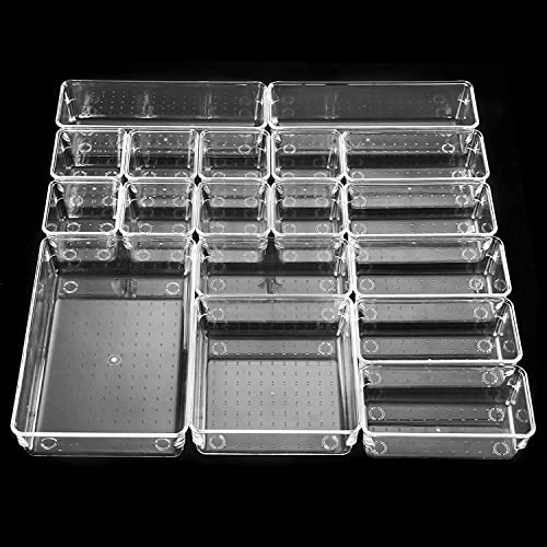 Aokyom 18 PCS Cajas Organizador de Cajón Plástico, Transparentes, para Cajas Bandejas, Apilables Almacenamiento para Escritorio,Baño,Maquillaje