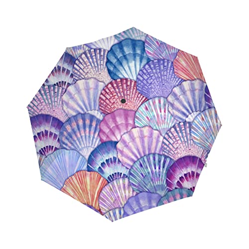 BALll - Paraguas plegable con cierre automático anti-UV para acuarela, concha de mar, paraguas compacto portátil, Concha de mar de acuarela