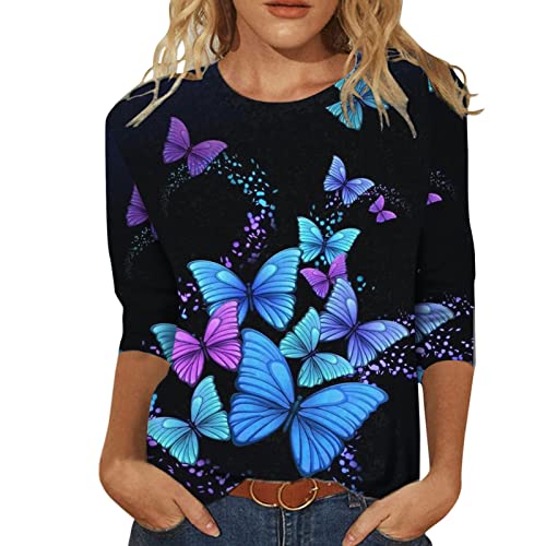 Camisas de Manga de Primavera Tops Blusas 3/4 Casual Cómodo Redondo Cuello para Mujer Blusa Suelta de de Verano para Mujer Camiseta De Seda Mujer Camisetas Dibujos Mujer Camiseta Corta De Mujer