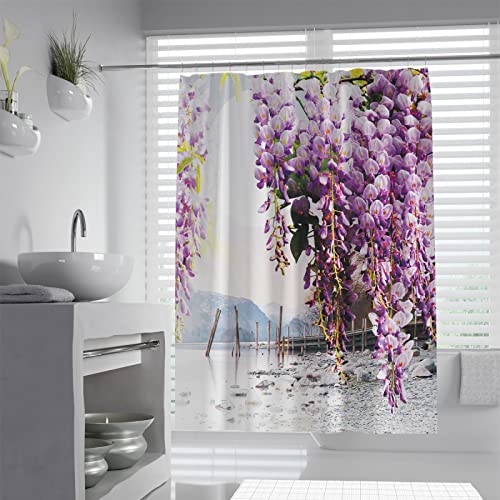 BYJING Art Paars bloeiende bloemen douchegordijnbladeren op de bovenste Plant Met bloemen Riverside badkamerdecoratie douchegordijnsets Met Haken 100x180cm