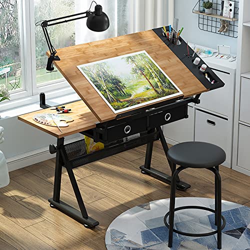 Mesa de Dibujo Profesional, Mesa de dibujo ajustable con taburete, mesa de dibujo de escritorio inclinable, mesa de dibujo de mesa de bambú/sood, con almacenamiento y cajones, escritorio de arte para