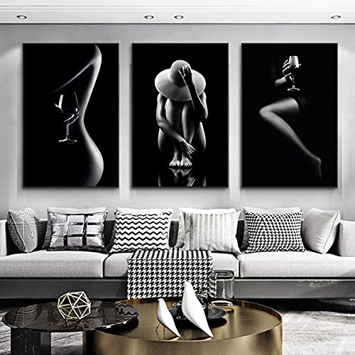 Cuadro en Lienzo Desnudo - Mujer Sexy en Blanco y Negro Arte Corporal Pintura en Lienzo Imprimir Carteles de Pared Dormitorio Moderno Sala de Estar Decorativo 60x80cm(24x32in)x3 Con Marco