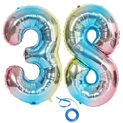 SNOWZAN XL Números Globo Número 38 Globo Arco Iris Niña Niño Globos Número 38 Cumpleaños Decoración Azul Rosa Colorido Iridiscente 38 Años Globo De Aluminio 32 Pulgadas Gigante Helio Feliz Cumpleaños