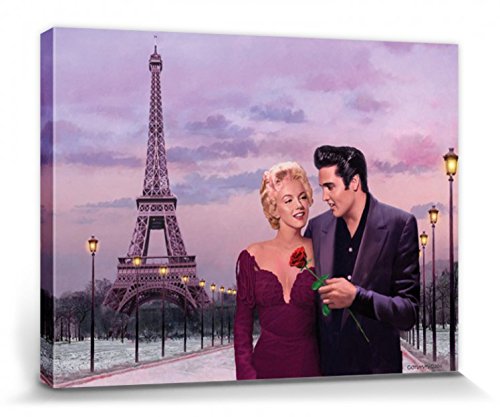 1art1 Chris Consani Póster Impresión En Lienzo Paris Sunset, Marilyn Monroe And Elvis Presley Cuadro En Bastidor De Camilla De Madera | Mural XXL | Imagen 80x60 cm