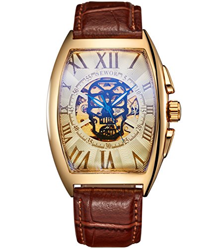 SEWOR Reloj de Pulsera mecánico automático, con Dibujo de Calavera, para Hombre, Correa de Piel, Revestimiento de Cristal Color Azul. (Oro & Blanco)