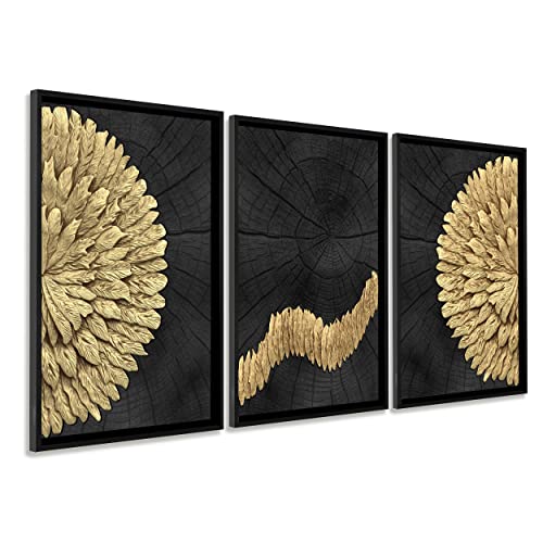 DekoArte - Cuadros decoracion salon modernos PLUMAS DORADAS 50x70 cm x3 piezas - Cuadros con marco negro incluido
