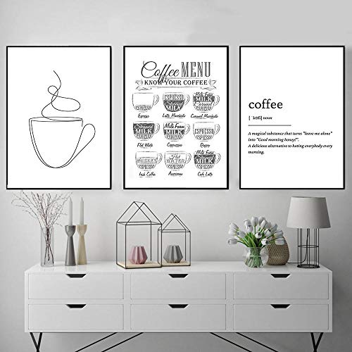 3 Piezas de Café Nórdico Guía Menú Cuadros de Pared Impresión Artística Negro Blanco Línea Simple Taza de Café Lienzo Pintura Cafetería Tienda Póster Decoración de Pared - 40x50cm Sin Marco